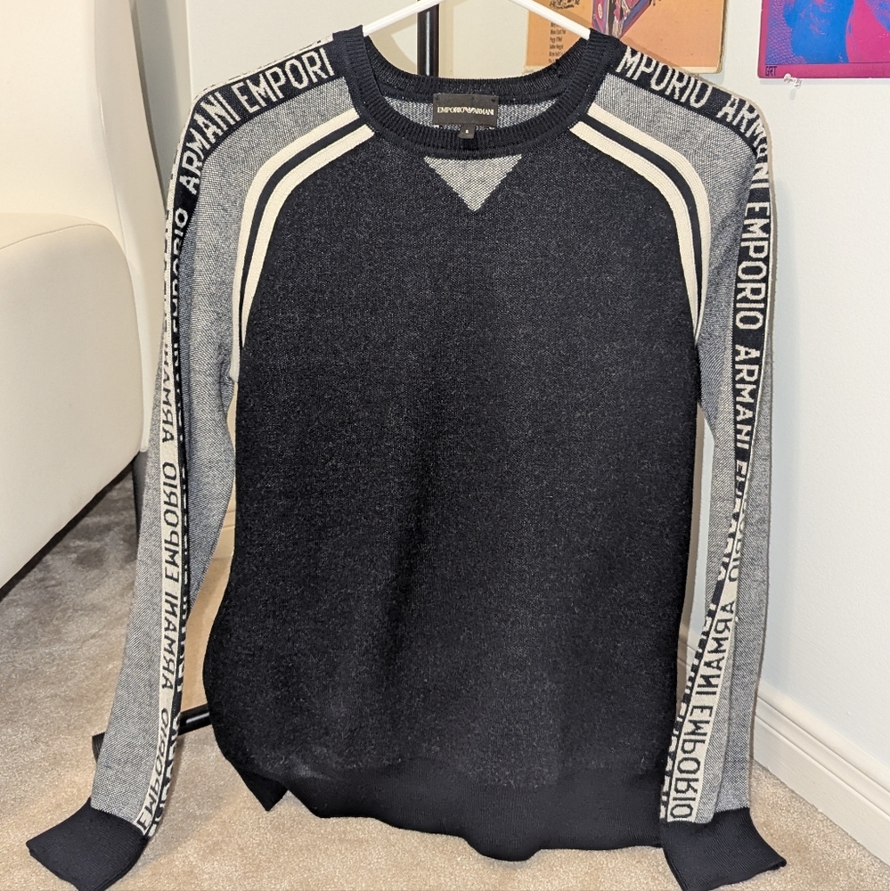 Like-New Emporio Armani Men's Navy and Gray Crewneck Sweater